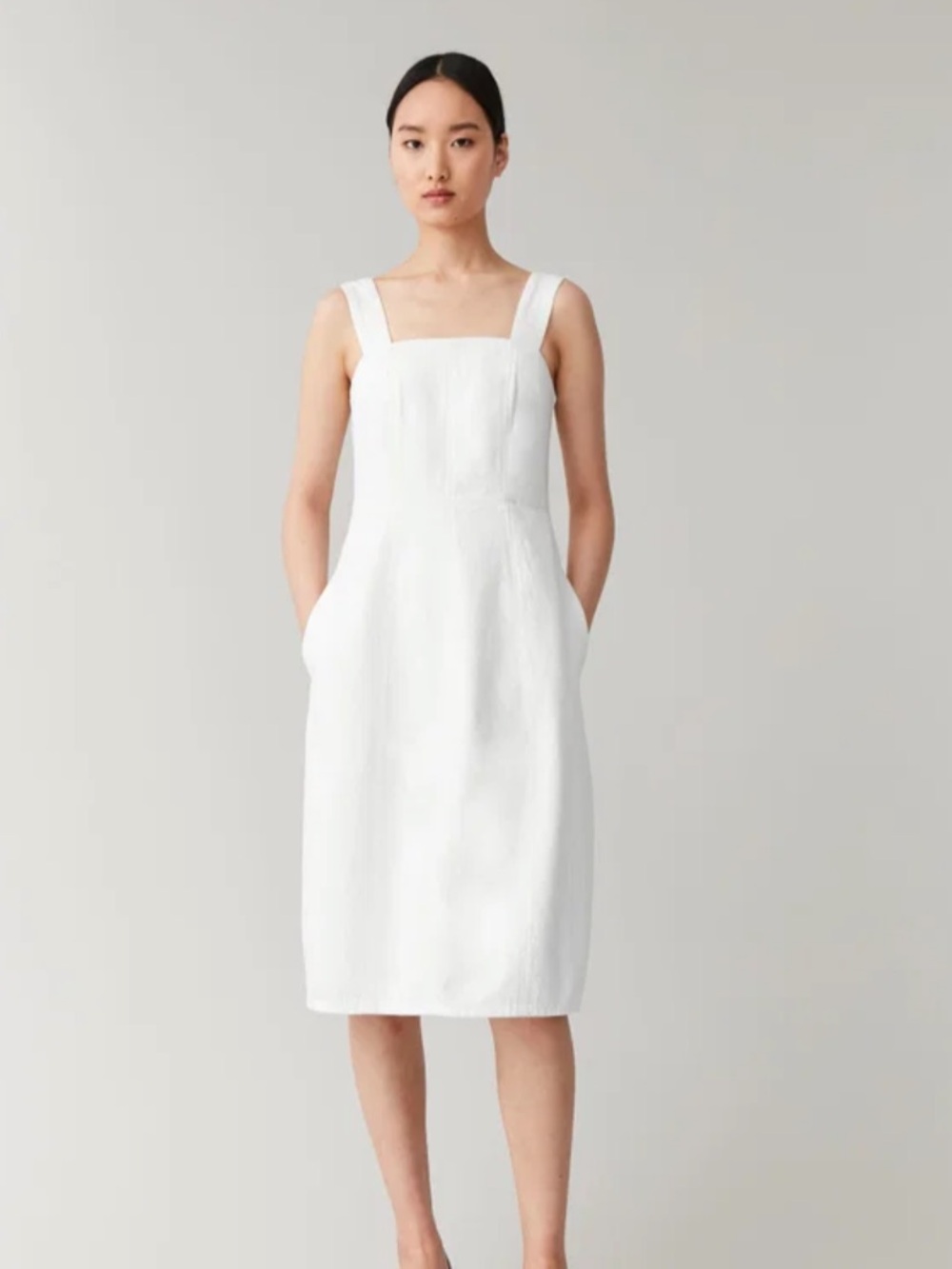 COS Organic Cotton Denim  White Square-Neck Midi Dress Jumper Pockets